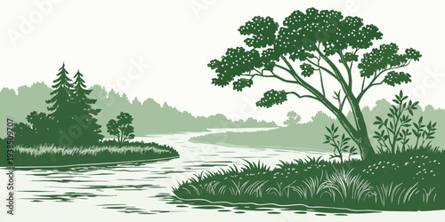 Serene landscape with a small island surrounded by trees and calm waters. Vector