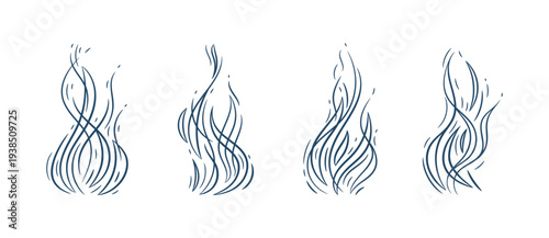 Set of Dynamic flow lines: smoke, steam or fire waves. Danger and aroma icons. Vector illustration