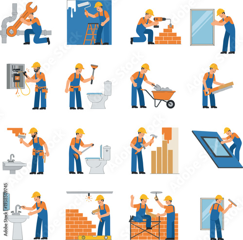 Skilled worker character set performing various home repair plumbing electrical and construction tasks