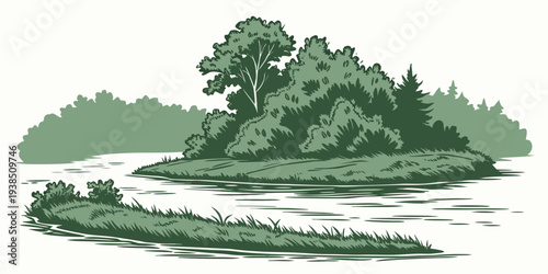 A serene landscape featuring a lush green hill with a dense forest on top Vector