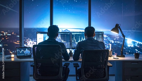 Two men sit before multiple computer screens atop a high rise overlooking a sparkling cityscape at night
