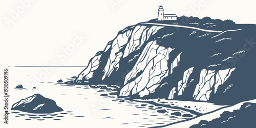 A lighthouse stands tall on a rugged cliff overlooking a stormy sea. Vector