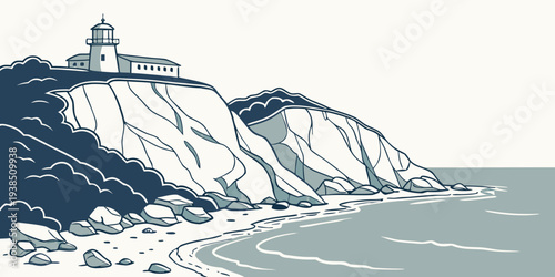 Majestic cliffs overlook the vast expanse of the ocean under a clear sky. Vector