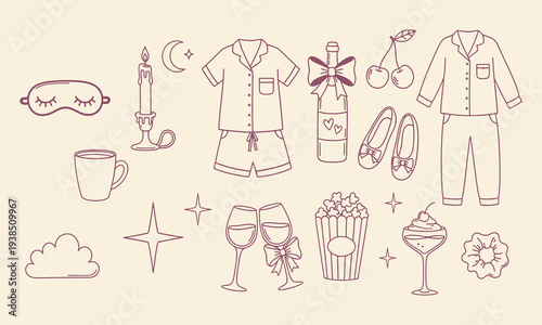 Cute pajama party doodle illustration set. Hand drawn cozy elements for invitations. girly sleepover doodle elements with slippers, wine, popcorn and cozy night accessories collection