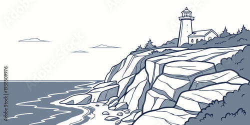 A lighthouse stands tall on a rocky cliff overlooking the vast ocean. Vector