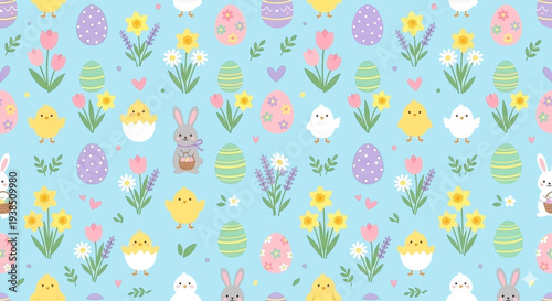 Cute easter seamless pattern with bunnies chicks and flowers on blue background.