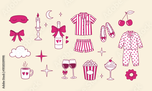 Cute pajama party doodle illustration set. Hand drawn cozy elements for invitations. girly sleepover doodle elements with slippers, wine, popcorn and cozy night accessories collection