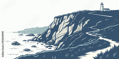 A dramatic view of a rocky cliff overlooking a turbulent ocean. Vector