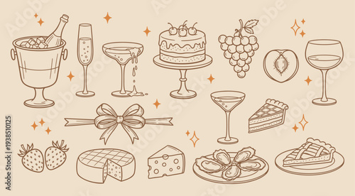 Hand drawn doodle party elements vector illustration. Coastal mediterranean dinner table party summer sketch. Wedding coquette elements for greeting card template