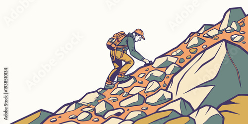 A group of people climbing a steep, rocky mountain slope with ropes and harnesses. Vector