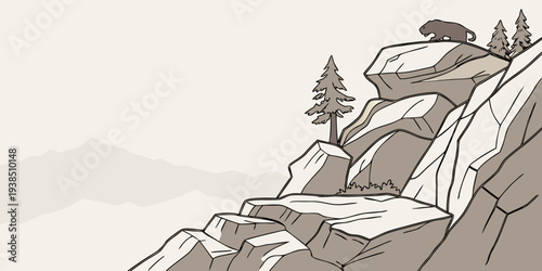 A serene landscape of snow covered mountains with a winding path leading to a distant cabin. Vector