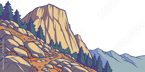 Majestic mountain peak with a clear blue sky and fluffy white clouds Vector