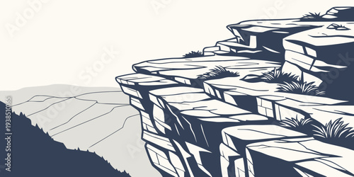 A breathtaking view of a mountain cliff overlooking a vast, serene ocean. Vector