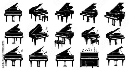 Collection of Grand Pianos and Upright Pianos in Silhouette
