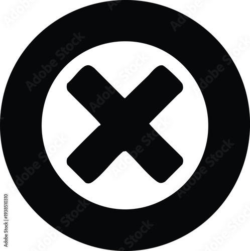 Black and white circular symbol with large black x mark in center