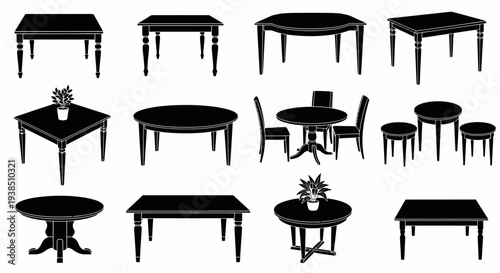 Collection of Black Silhouettes of Various Tables and Chairs for Dining and Furniture Design
