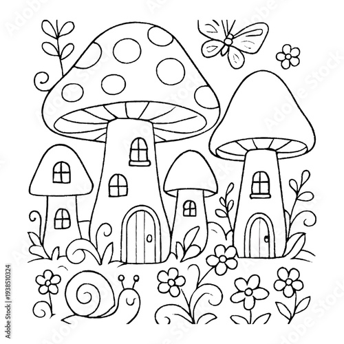 Fantasy Mushroom Forest Fairy House Coloring Page Vector Isolated on Transparent Background 