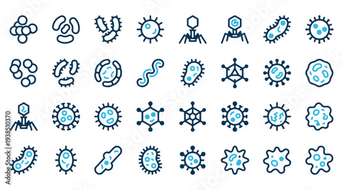 Collection of Virus and Bacteria Line Icons for Medical and Scientific Research
