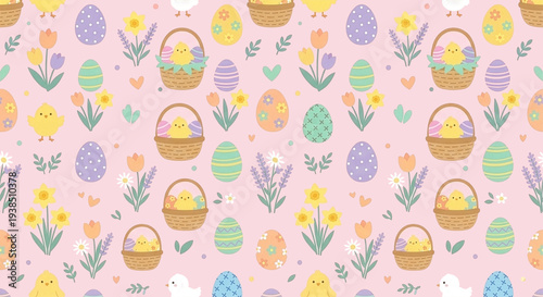 Festive easter seamless pattern with chicks in baskets eggs and flowers on pink.