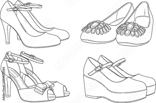 Set of elegant women's high heels and dress shoes outline vector illustration for fashion design and footwear retail
