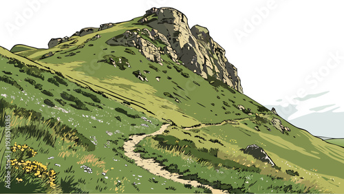 A winding path leads up a steep, grassy hillside under a cloudy sky. Vector
