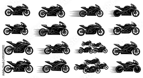 Collection of Black Sport Motorcycles in Motion and Static Poses