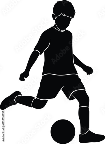 Young male soccer player silhouette kicking ball in action pose for football sports competition graphic design isolated on white background