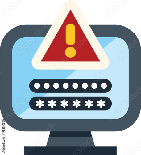 Computer monitor showing a login form with a warning icon for data security risk