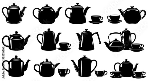 Collection of Black Teapots and Teacups Silhouettes on White Background