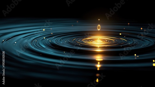 A single water droplet creates ripples and glowing reflections on a dark, calm water surface, highlighting the beauty of fluid motion and light interaction.