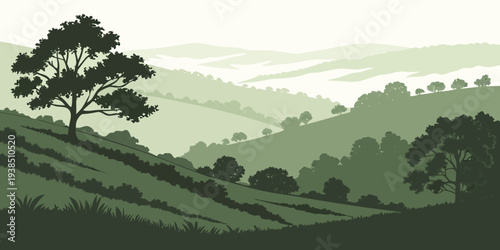 A serene landscape of rolling green hills and a distant mountain range Vector