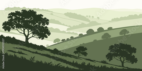 A serene landscape of rolling hills and lush greenery under a clear sky Vector