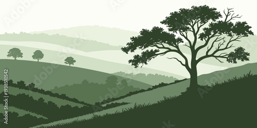 A serene landscape with rolling hills and a single prominent tree in the distance Vector