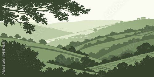 A serene landscape of rolling hills and lush greenery under a clear blue sky. Vector