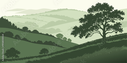 A serene landscape with rolling hills, trees, and a distant horizon under a clear sky. Vector