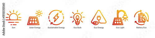 Solar Power web banner icon vector illustration featuring Sun,Solar Energy,Sustainable Energy,Eco Bulb,Eco Energy,Eco Light,and Battery Eco icons promoting renewable electricity solutions.