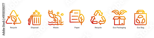 Waste Control web banner icon vector illustration with Recycle,Disposal,Waste,Paper,Eco Packaging,and Eco Bag icons representing waste reduction and recycling management.