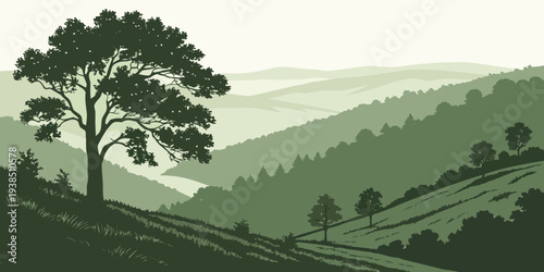A serene landscape featuring a large tree on a hill overlooking a vast valley. Vector