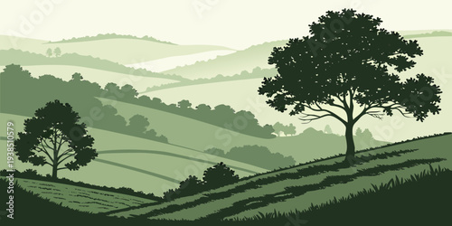 A serene landscape with a solitary tree standing tall on a hill overlooking a vast valley. Vector