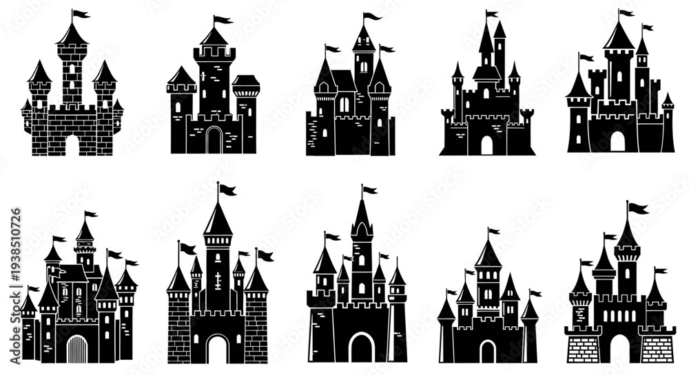 Fototapeta premium Collection of Diverse Castle Silhouettes: Fantasy, Fairytale, and Architectural Designs