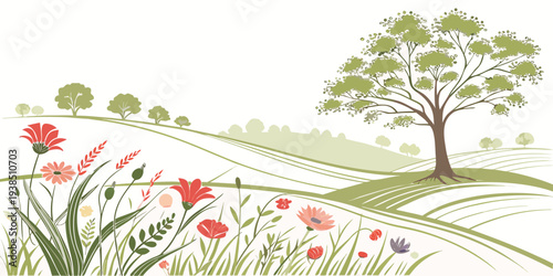A serene landscape with blooming flowers and towering trees in a peaceful countryside setting Vector
