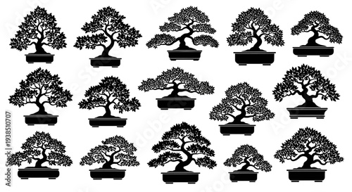 Collection of Diverse Bonsai Tree Silhouettes in Pots, Artistic Japanese Miniature Trees
