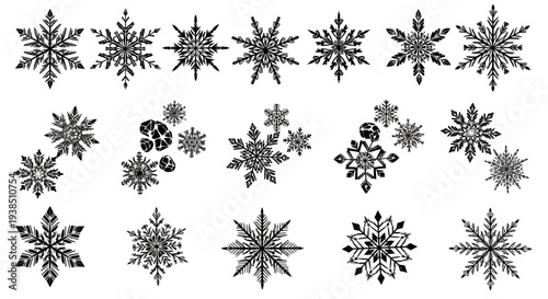 Collection of Diverse Snowflake Graphics, Winter Snow Icons, and Frozen Crystal Designs