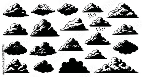 Collection of Diverse Silhouette Clouds on White Background