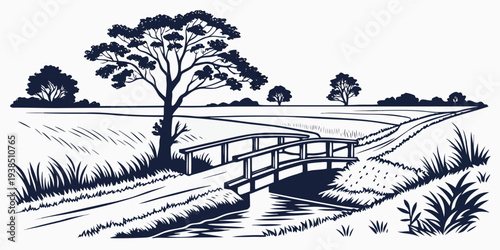 A serene landscape with trees, sheep, and a winding path under a clear sky. Vector