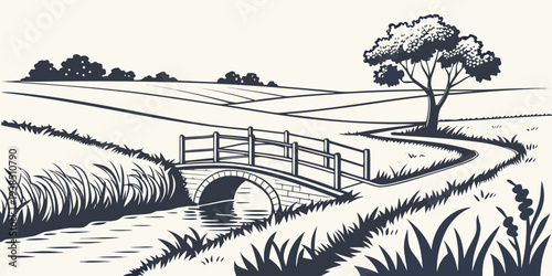 A serene landscape featuring a vast expanse of green fields and a winding path. Vector