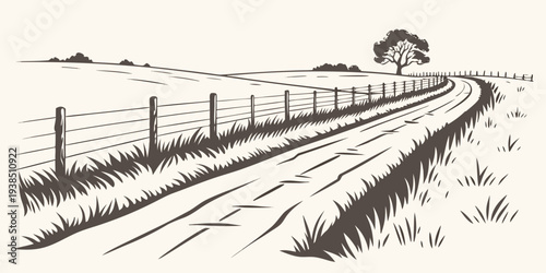 A detailed sketch of a train approaching a station on a rural railway line Vector