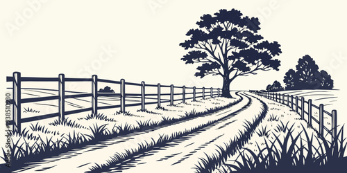 A serene rural landscape with a winding path and a solitary tree in the distance Vector