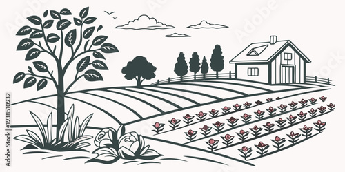 A serene landscape of farmland with a farmhouse and trees in the background Vector