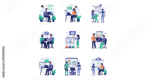 People working with artificial intelligence robots and computers in modern office